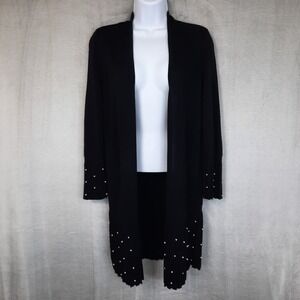 Chicos 00 Black Duster Cardigan Pearls Pleated Hem Womens XS Open Front Boho